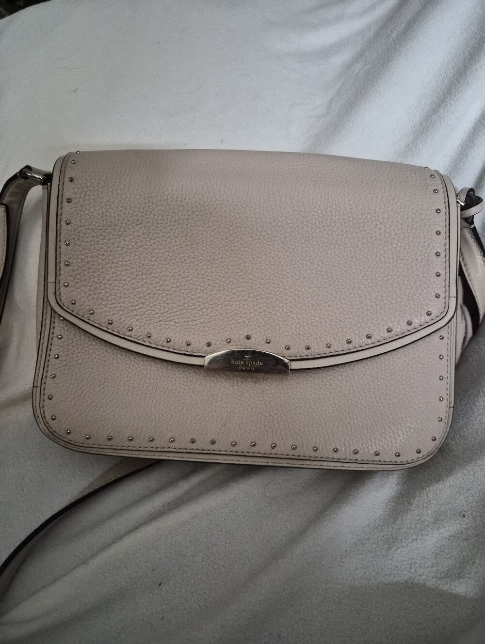 kate spade Pebbled Leather Studded Flap Crossbody in Light Taupe